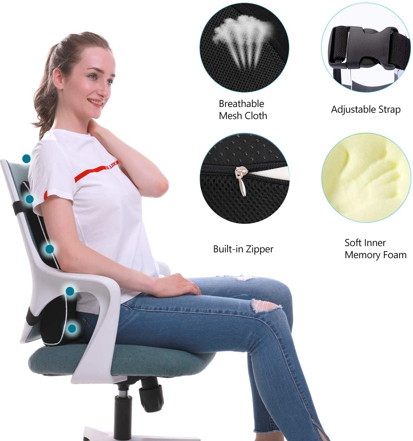 Qutool Memory Foam Coccyx Seat Cushion & Lumbar Support Pillow for Office Chair Car Wheelchair Orthopedic Chair Pad&Back Cushion, Size: Standard